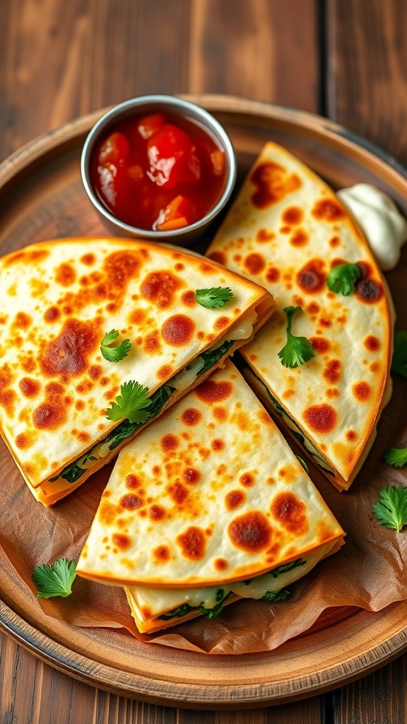 Crispy spinach and cheese quesadilla wedges on a wooden plate with salsa and sour cream.